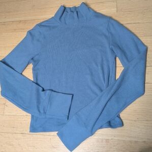 AE Long-Sleeve Cropped Mock Neck Hey Baby Tee Waffle Ribbed